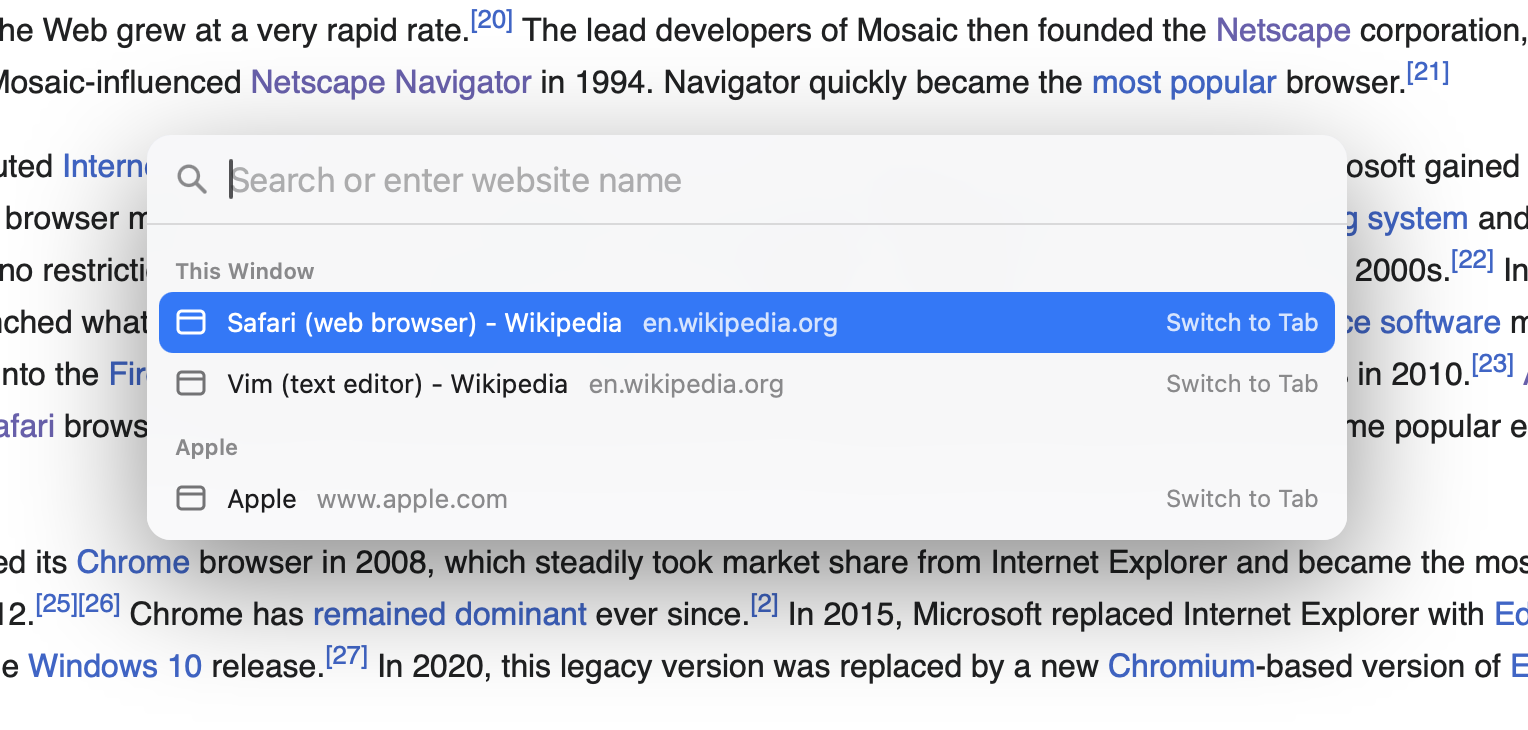 Press o and an address bar opens inside the page, with your open tabs.